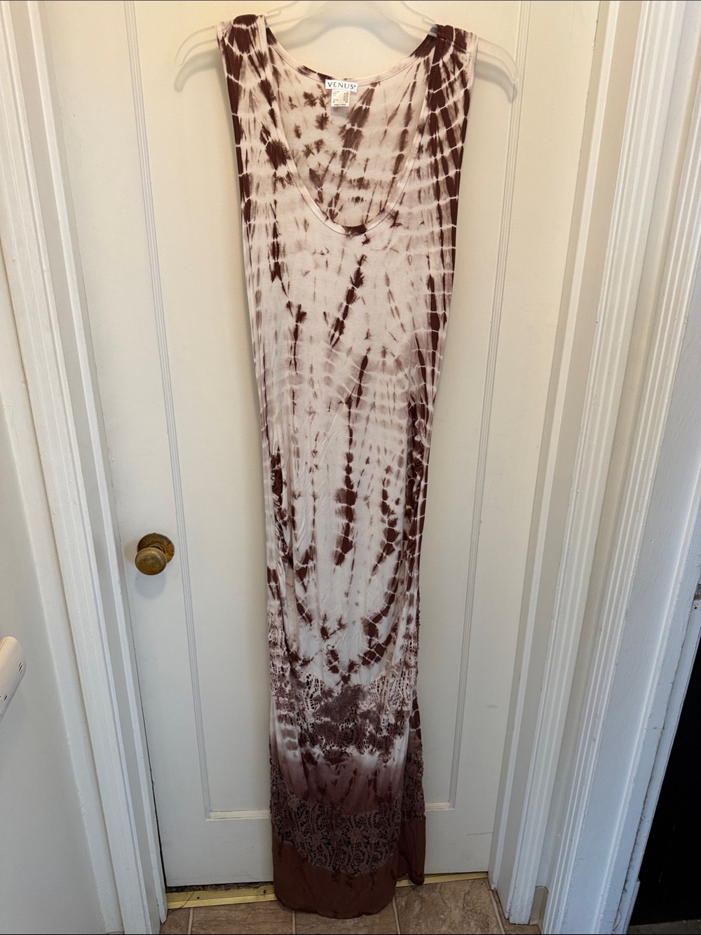 VENUS Brown and Cream Tie-Dye Maxi Dress with decorative cutouts